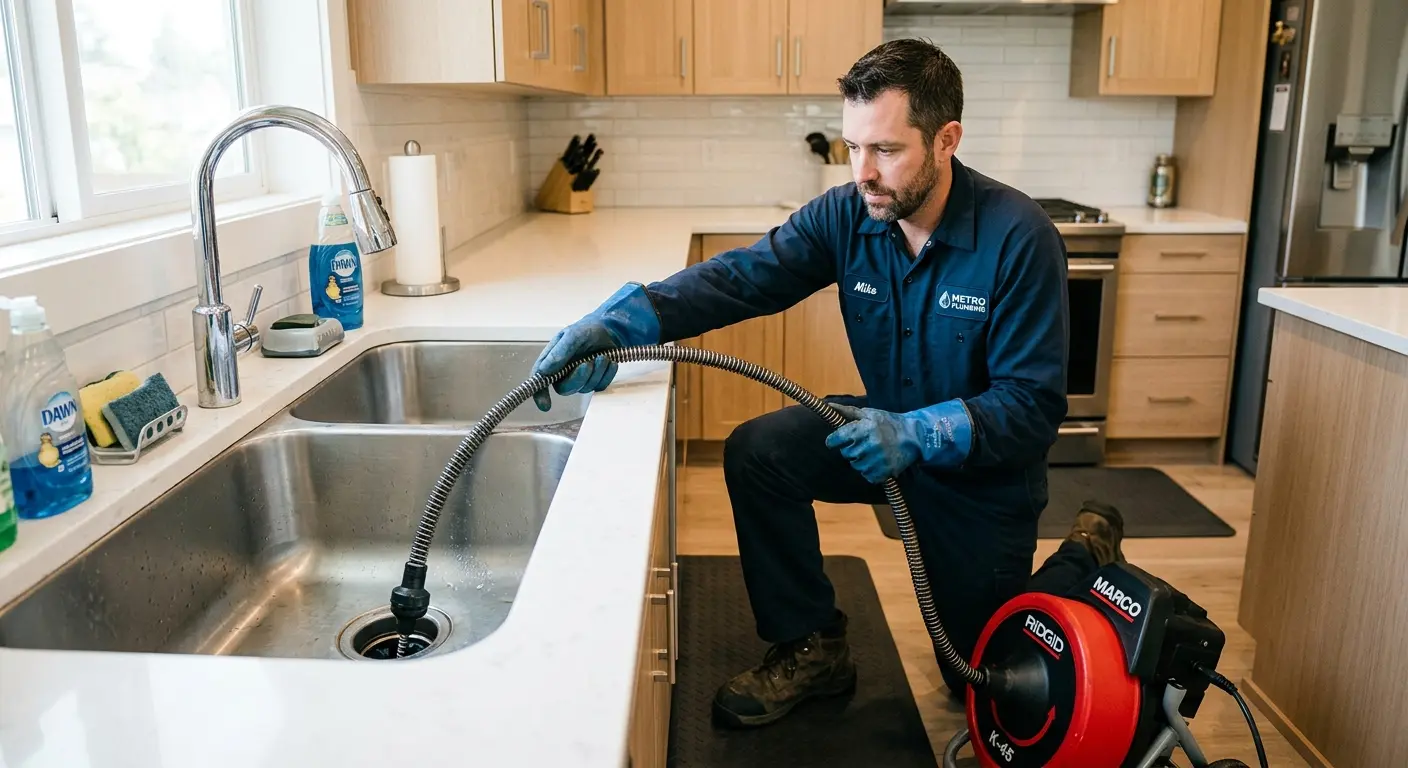 Drain cleaning technician using a motorized snake on a kitchen sink in Antelope