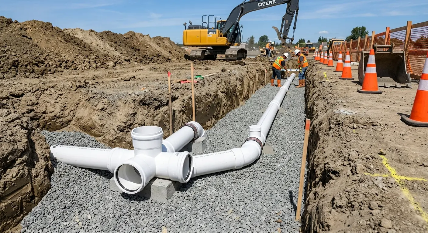 New PVC sewer pipe installation in open trench for Sewer Backup in Antelope