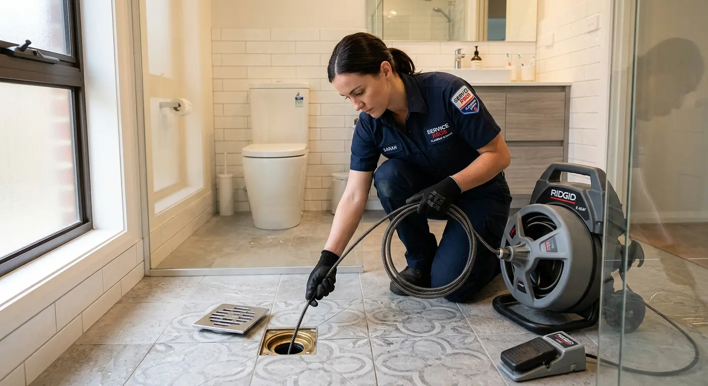 Technician clearing a bathroom floor drain for Drain Cleaning in Antelope
